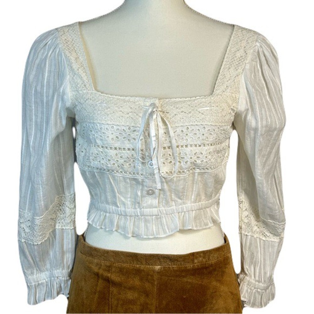 Rebellion Boho Crop Top Size L Square Neck Long Balloon Slv Fairy Cottage Ivory